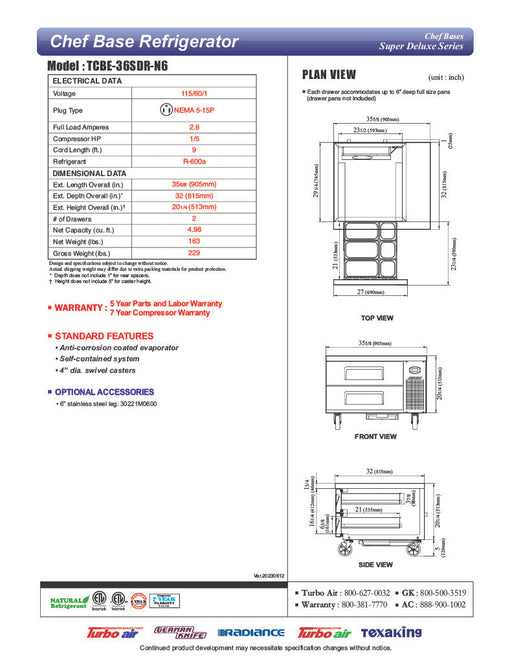 Turbo Air TCBE-36SDR-N6 35 5/8" Super Deluxe Chef Base Refrigerator w/ (2) Drawers – 115v - Bakery Wholesalers