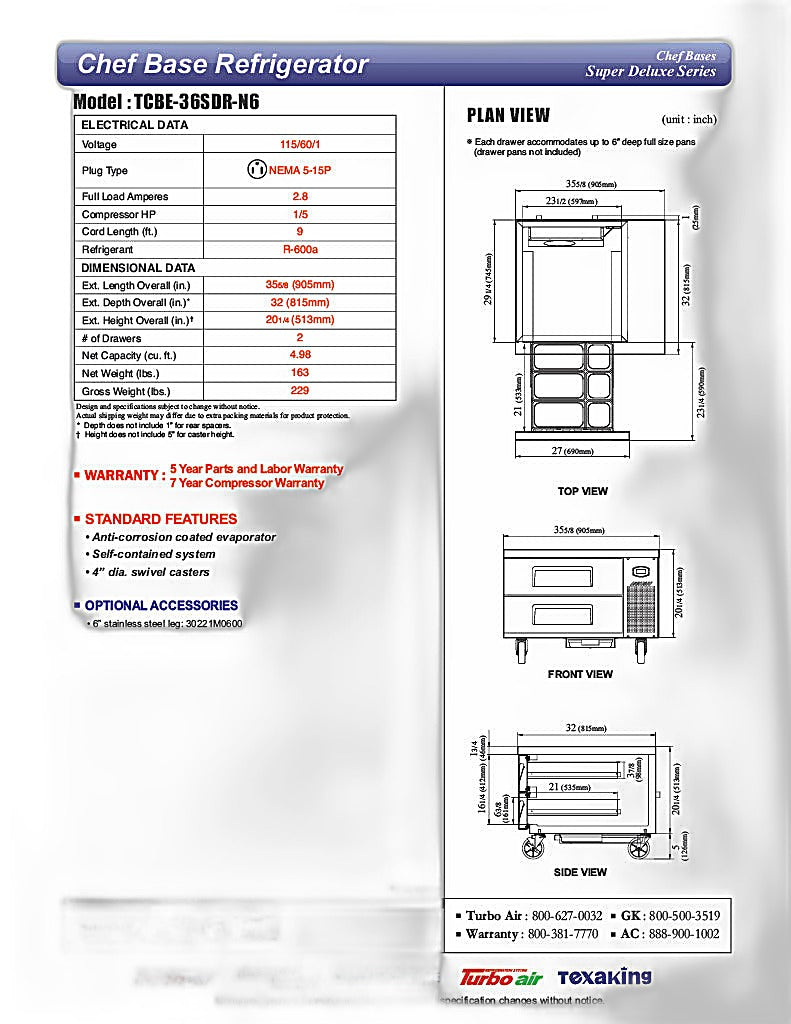 Turbo Air TCBE-36SDR-N6 35 5/8" Super Deluxe Chef Base Refrigerator w/ (2) Drawers – 115v - Donut-Equipment.com