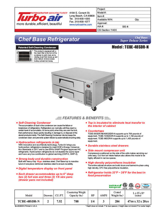 Turbo Air TCBE-48SDR-N 47 5/8" Super Deluxe Chef Base Refrigerator w/ (2) Drawers – 115v - Bakery Wholesalers