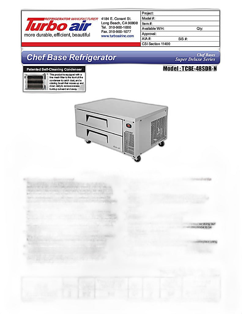 Turbo Air TCBE-48SDR-N 47 5/8" Super Deluxe Chef Base Refrigerator w/ (2) Drawers – 115v - Donut-Equipment.com