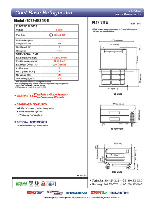 Turbo Air TCBE-48SDR-N 47 5/8" Super Deluxe Chef Base Refrigerator w/ (2) Drawers – 115v - Bakery Wholesalers
