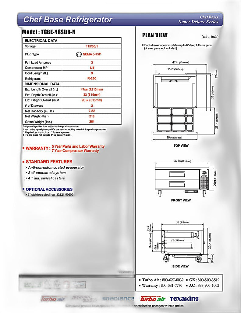 Turbo Air TCBE-48SDR-N 47 5/8" Super Deluxe Chef Base Refrigerator w/ (2) Drawers – 115v - Donut-Equipment.com