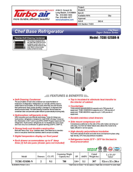Turbo Air TCBE-52SDR-N 52 1/4" Super Deluxe Chef Base w/ (2) Drawers - 115v - Bakery Wholesalers