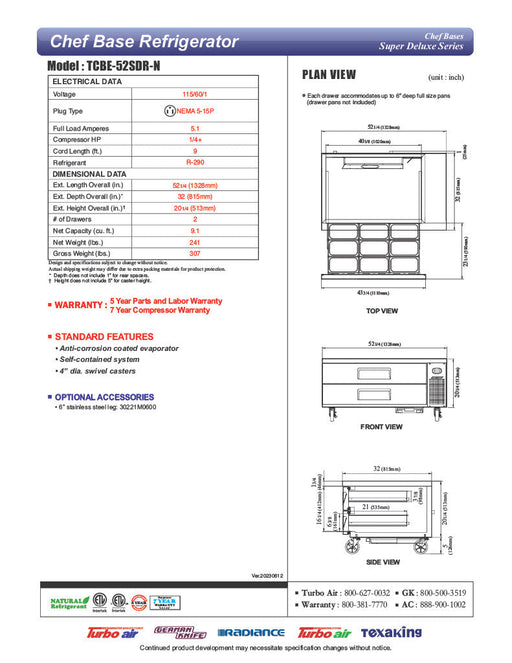 Turbo Air TCBE-52SDR-N 52 1/4" Super Deluxe Chef Base w/ (2) Drawers - 115v - Bakery Wholesalers