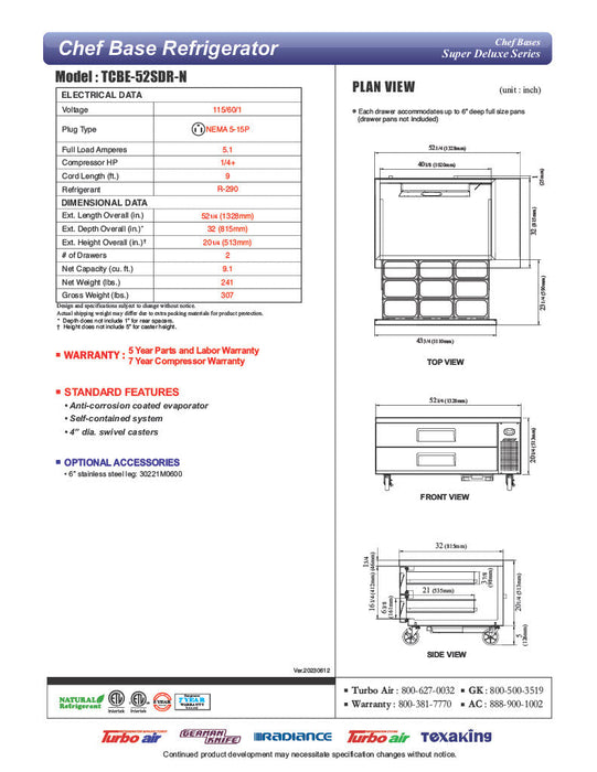 Turbo Air TCBE-52SDR-N 52 1/4" Super Deluxe Chef Base w/ (2) Drawers - 115v - Bakery Wholesalers