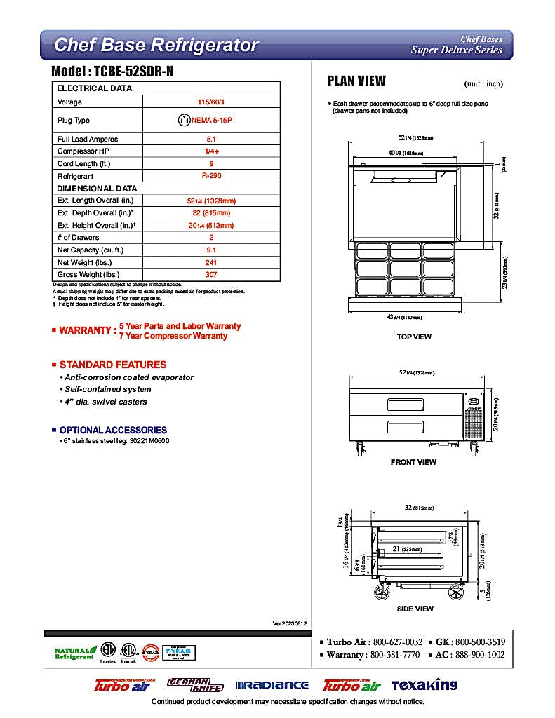 Turbo Air TCBE-52SDR-N 52 1/4" Super Deluxe Chef Base w/ (2) Drawers - 115v - Donut-Equipment.com