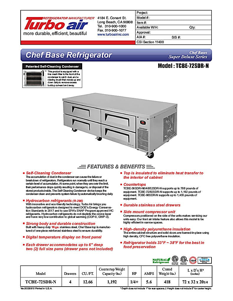 Turbo Air TCBE-72SDR-N 72" Super Deluxe Chef Base w/ (4) Drawers - 115v - Donut-Equipment.com