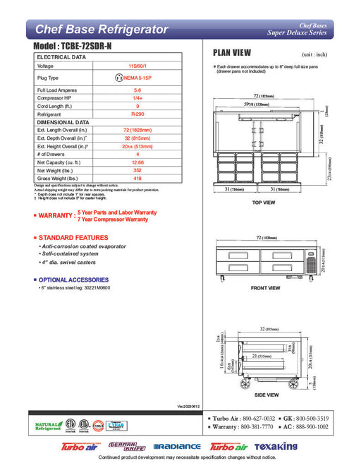Turbo Air TCBE-72SDR-N 72" Super Deluxe Chef Base w/ (4) Drawers - 115v - Bakery Wholesalers