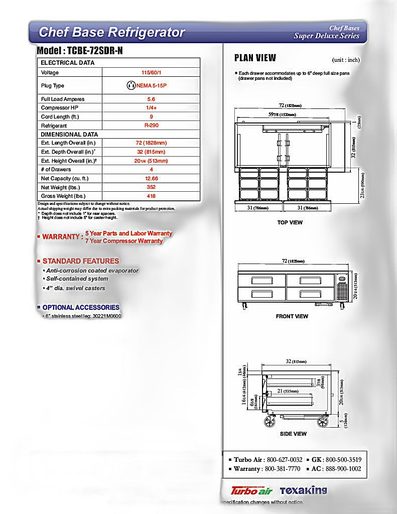 Turbo Air TCBE-72SDR-N 72" Super Deluxe Chef Base w/ (4) Drawers - 115v - Donut-Equipment.com