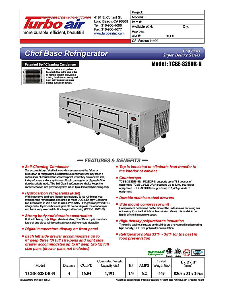 Turbo Air TCBE-82SDR-N 83 5/8" Super Deluxe Chef Base w/ (4) Drawers - 115v - Donut-Equipment.com