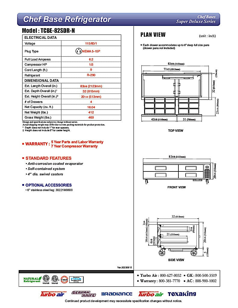 Turbo Air TCBE-82SDR-N 83 5/8" Super Deluxe Chef Base w/ (4) Drawers - 115v - Donut-Equipment.com