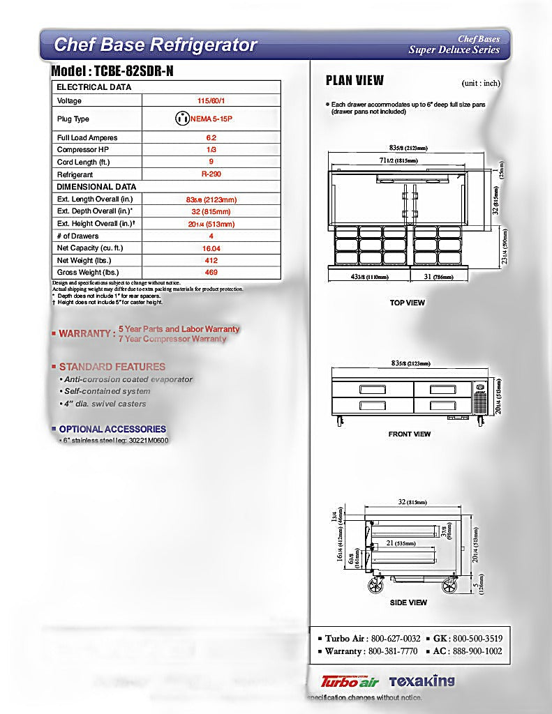 Turbo Air TCBE-82SDR-N 83 5/8" Super Deluxe Chef Base w/ (4) Drawers - 115v - Donut-Equipment.com