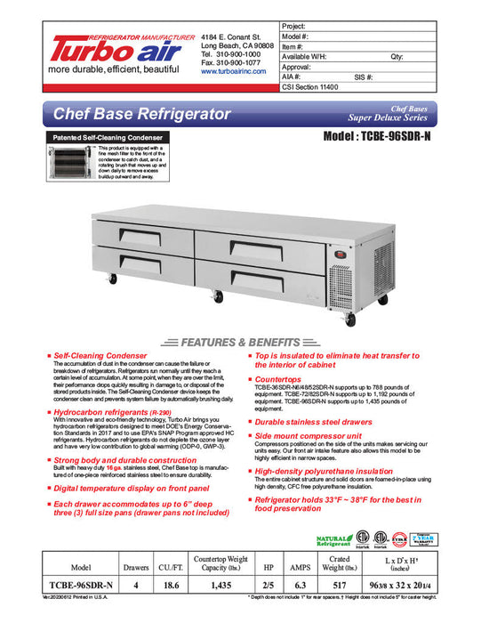 Turbo Air TCBE-96SDR-N 96 3/8" Super Deluxe Chef Base w/ (4) Drawers - 115v - Bakery Wholesalers