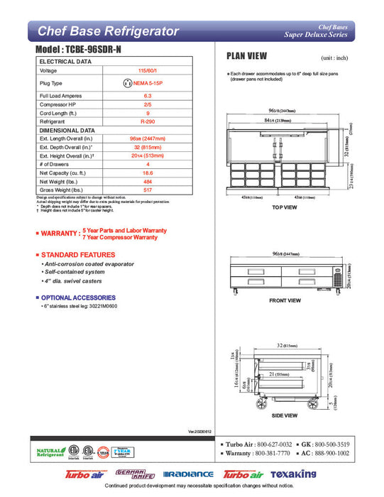 Turbo Air TCBE-96SDR-N 96 3/8" Super Deluxe Chef Base w/ (4) Drawers - 115v - Bakery Wholesalers