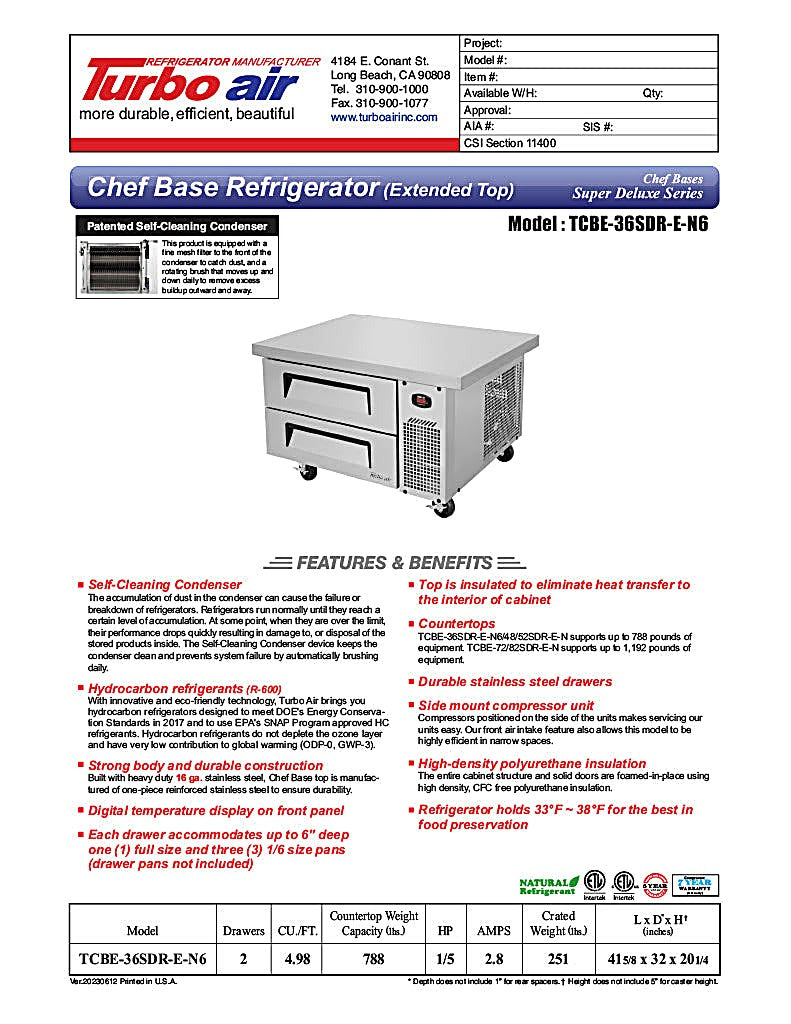 Turbo Air TCBE-36SDR-E-N6 41 5/8" Super Deluxe Chef Base w/ (2) Drawers - 115v - Donut-Equipment.com
