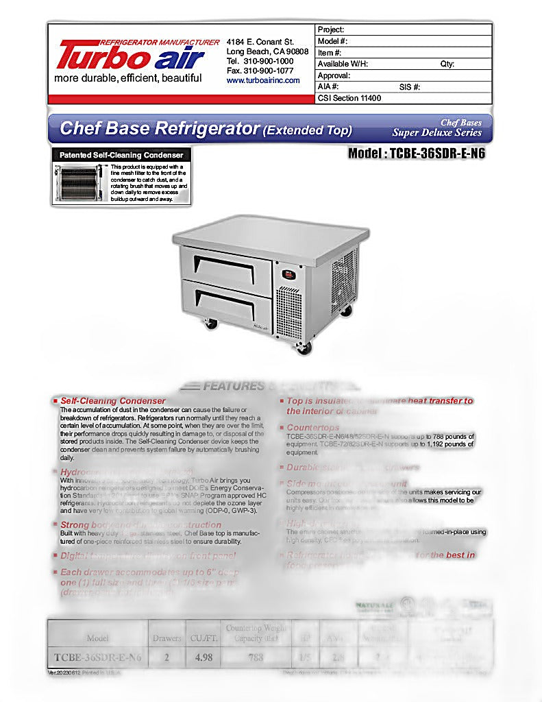 Turbo Air TCBE-36SDR-E-N6 41 5/8" Super Deluxe Chef Base w/ (2) Drawers - 115v - Donut-Equipment.com
