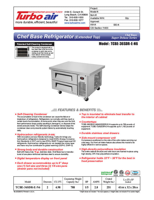 Turbo Air TCBE-36SDR-E-N6 41 5/8" Super Deluxe Chef Base w/ (2) Drawers - 115v - Bakery Wholesalers