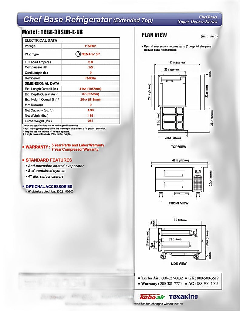 Turbo Air TCBE-36SDR-E-N6 41 5/8" Super Deluxe Chef Base w/ (2) Drawers - 115v - Donut-Equipment.com