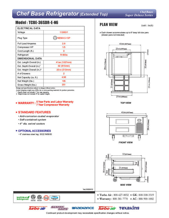 Turbo Air TCBE-36SDR-E-N6 41 5/8" Super Deluxe Chef Base w/ (2) Drawers - 115v - Bakery Wholesalers