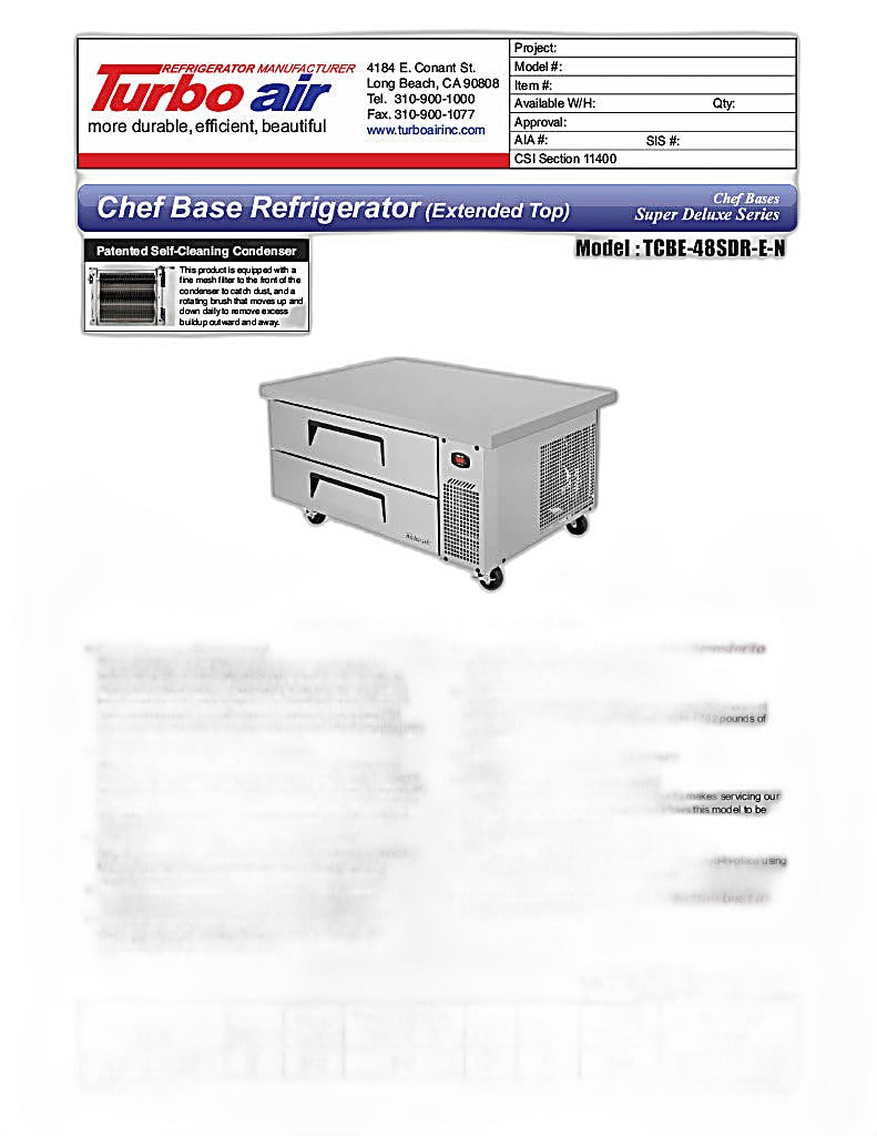 Turbo Air TCBE-48SDR-E-N 53 5/8" Super Deluxe Chef Base Refrigerator with (2) Drawers – 115v - Donut-Equipment.com
