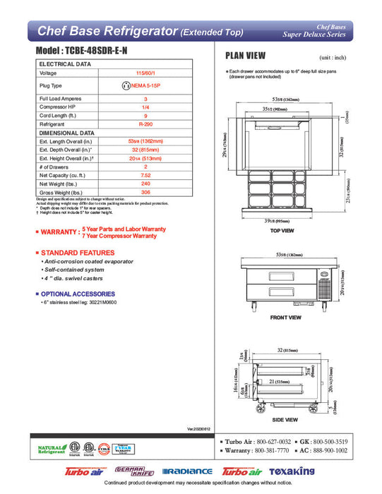 Turbo Air TCBE-48SDR-E-N 53 5/8" Super Deluxe Chef Base Refrigerator with (2) Drawers – 115v - Bakery Wholesalers