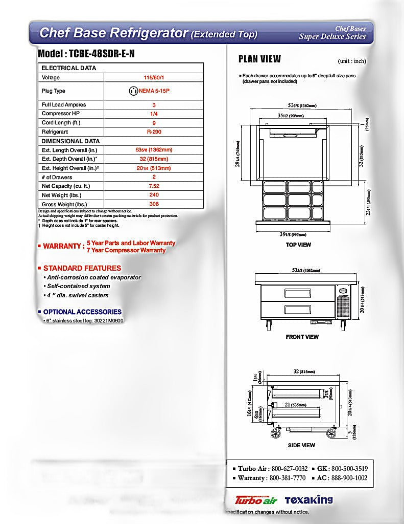 Turbo Air TCBE-48SDR-E-N 53 5/8" Super Deluxe Chef Base Refrigerator with (2) Drawers – 115v - Donut-Equipment.com