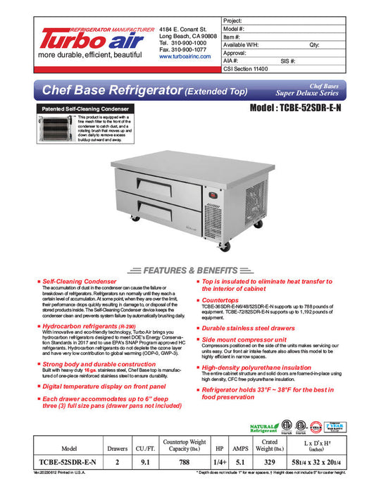 Turbo Air TCBE-52SDR-N 52 1/4" Super Deluxe Chef Base w/ (2) Drawers - 115v - Bakery Wholesalers