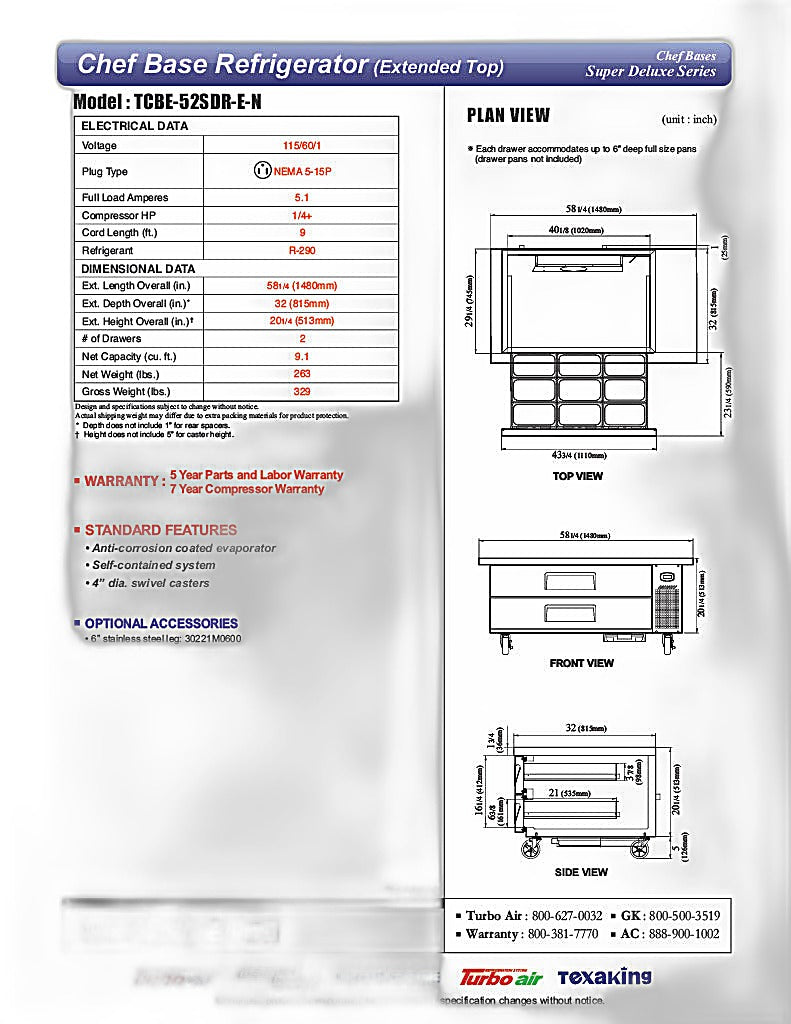 Turbo Air TCBE-52SDR-N 52 1/4" Super Deluxe Chef Base w/ (2) Drawers - 115v - Donut-Equipment.com