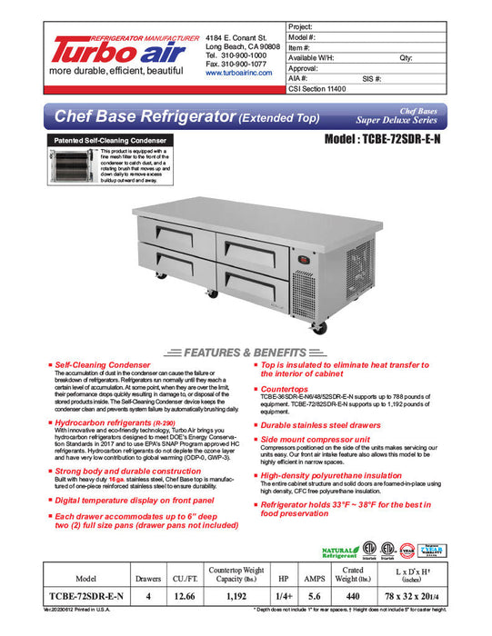 Turbo Air TCBE-72SDR-E-N 78" Super Deluxe Chef Base w/ 4 Drawers - 115v - Bakery Wholesalers