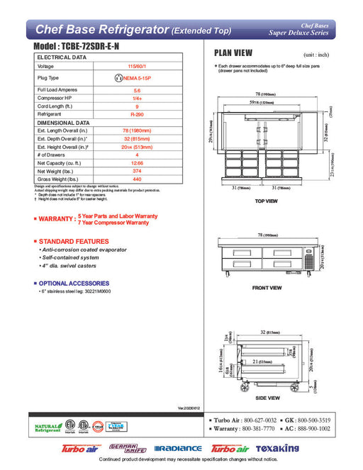 Turbo Air TCBE-72SDR-E-N 78" Super Deluxe Chef Base w/ 4 Drawers - 115v - Bakery Wholesalers