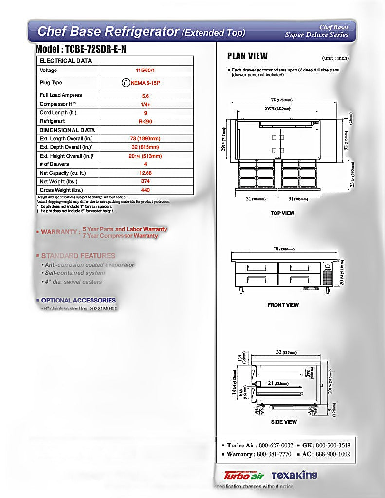 Turbo Air TCBE-72SDR-E-N 78" Super Deluxe Chef Base w/ 4 Drawers - 115v - Donut-Equipment.com