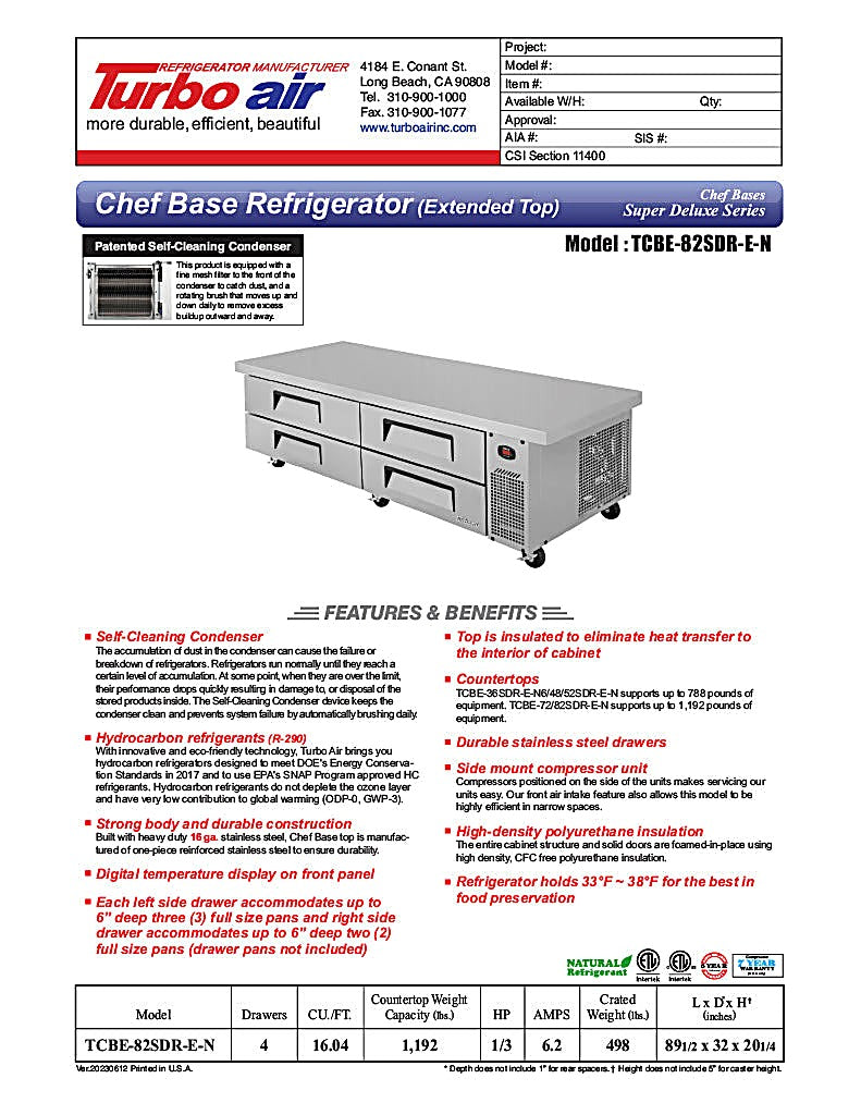 Turbo Air TCBE-82SDR-E-N 89 1/2" Super Deluxe Chef Base w/ 4 Drawers - 115v - Donut-Equipment.com
