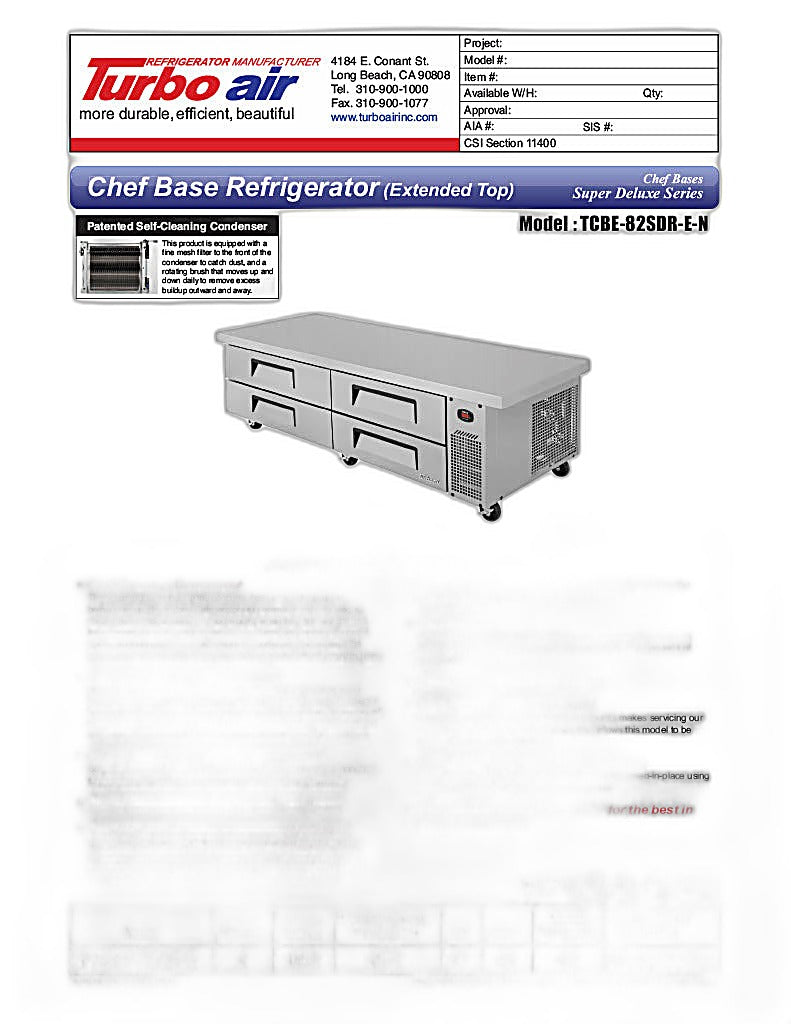Turbo Air TCBE-82SDR-E-N 89 1/2" Super Deluxe Chef Base w/ 4 Drawers - 115v - Donut-Equipment.com