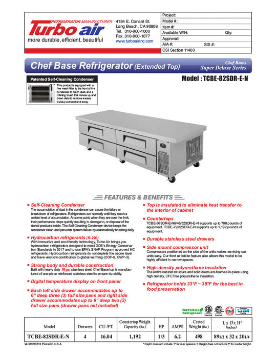 Turbo Air TCBE-82SDR-E-N 89 1/2" Super Deluxe Chef Base w/ 4 Drawers - 115v - Bakery Wholesalers
