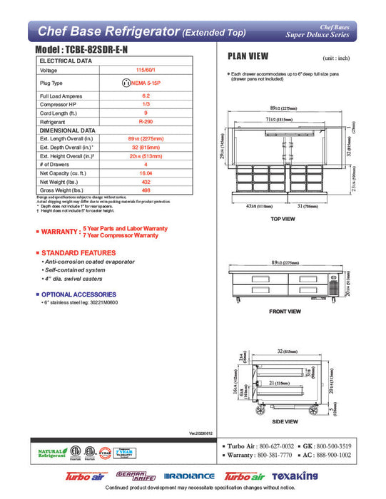 Turbo Air TCBE-82SDR-E-N 89 1/2" Super Deluxe Chef Base w/ 4 Drawers - 115v - Bakery Wholesalers