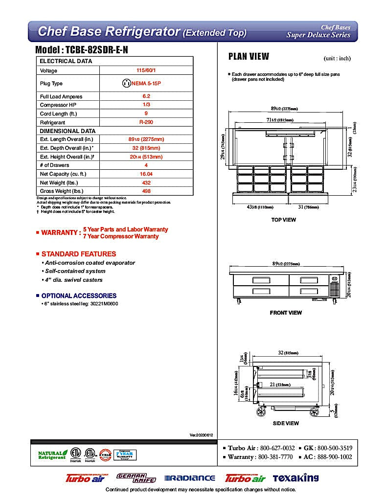 Turbo Air TCBE-82SDR-E-N 89 1/2" Super Deluxe Chef Base w/ 4 Drawers - 115v - Donut-Equipment.com