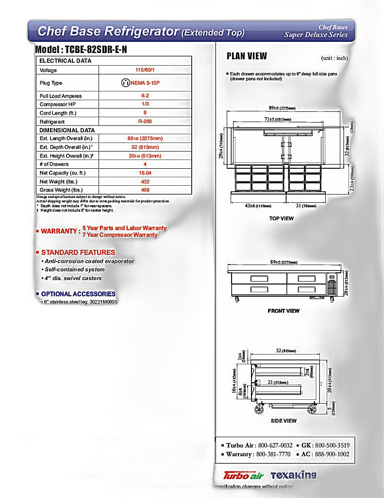 Turbo Air TCBE-82SDR-E-N 89 1/2" Super Deluxe Chef Base w/ 4 Drawers - 115v - Donut-Equipment.com