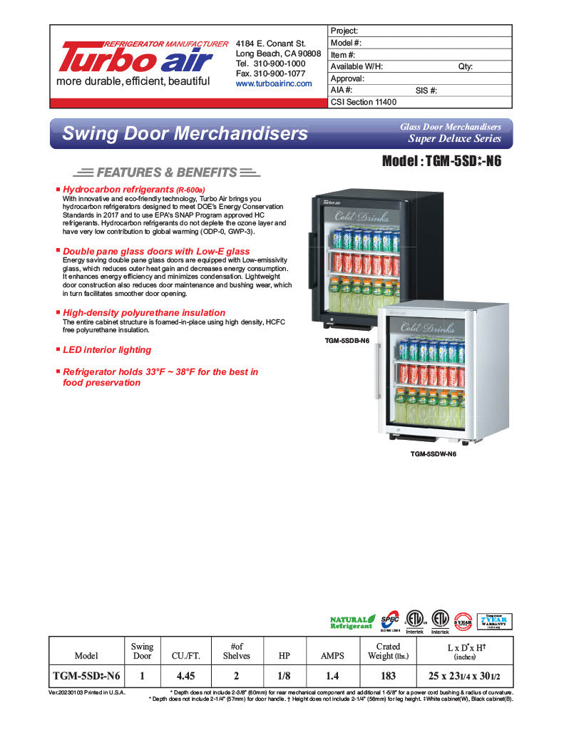 Turbo Air TGM-5SDB-N6 25" Black Super Deluxe Countertop Refrigerator w/ Glass Swing Door – Front Access, LED Lighting, 115v - Donut-Equipment.com