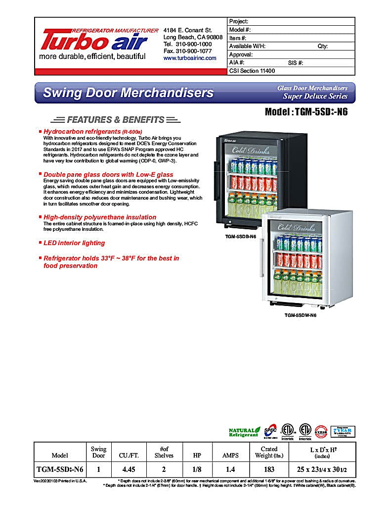 Turbo Air TGM-5SDB-N6 25" Black Super Deluxe Countertop Refrigerator w/ Glass Swing Door – Front Access, LED Lighting, 115v - Donut-Equipment.com