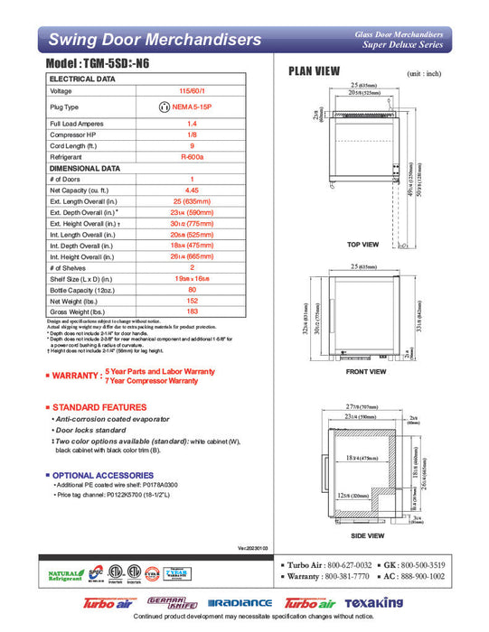 Turbo Air TGM-5SDB-N6 25" Black Super Deluxe Countertop Refrigerator w/ Glass Swing Door – Front Access, LED Lighting, 115v - Bakery Wholesalers