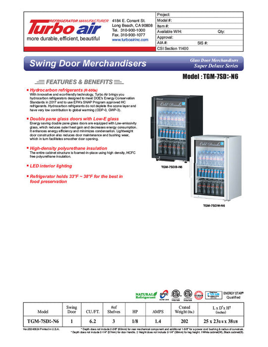 Turbo Air TGM-7SDB-N6 25" Black Super Deluxe Countertop Refrigerator w/ Glass Swing Door – Front Access, LED Lighting, 115v - Bakery Wholesalers