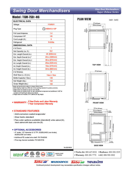 Turbo Air TGM-7SD-N6 25" White Super Deluxe Countertop Refrigerator w/ Glass Swing Door – Front Access, LED Lighting, 115v - Bakery Wholesalers