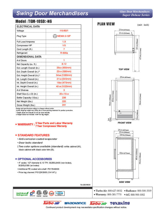 Turbo Air TGM-10SD-N6 26" White Super Deluxe Countertop Refrigerator w/ Glass Swing Door – Front Access, LED Lighting, 115v - Bakery Wholesalers