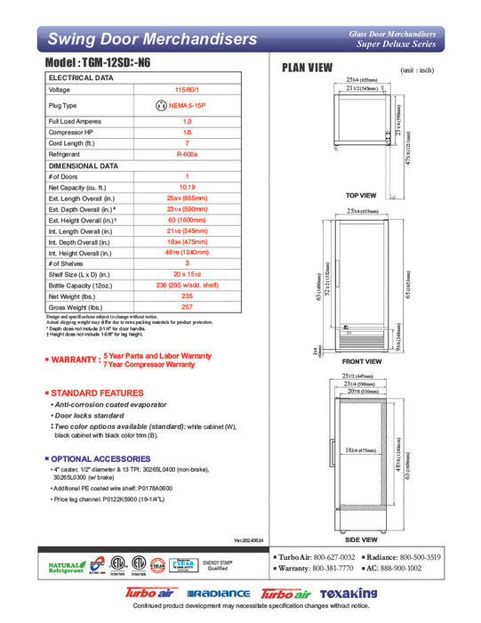 Turbo Air TGM-12SDB-N6 26" Black Super Deluxe Countertop Refrigerator w/ Glass Swing Door – LED Interior, Front Access, 115v - Bakery Wholesalers
