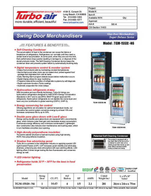 Turbo Air TGM-15SDB-N6 27" Black Super Deluxe Countertop Refrigerator w/ Glass Swing Door – LED Lighting, Front Access, 115v - Bakery Wholesalers