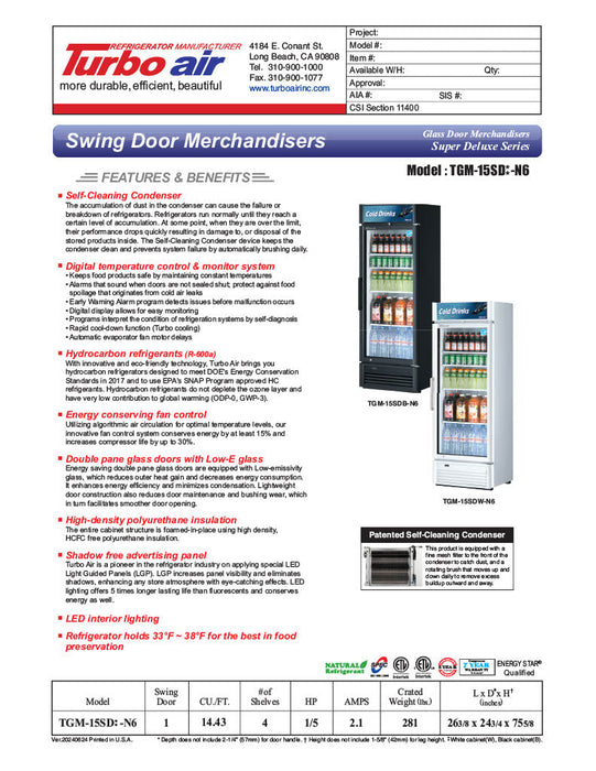 Turbo Air TGM-15SDB-N6 27" Black Super Deluxe Countertop Refrigerator w/ Glass Swing Door – LED Lighting, Front Access, 115v - Bakery Wholesalers