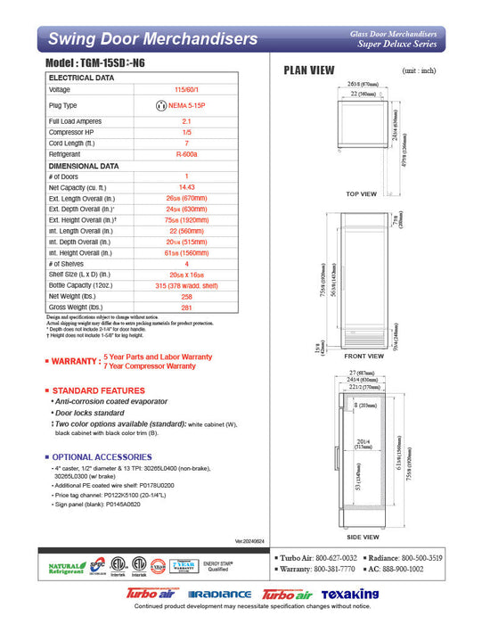 Turbo Air TGM-15SD-N6 27" White Super Deluxe Countertop Refrigerator w/ Glass Swing Door – LED Lighting, Front Access, 115v - Donut-Equipment.com