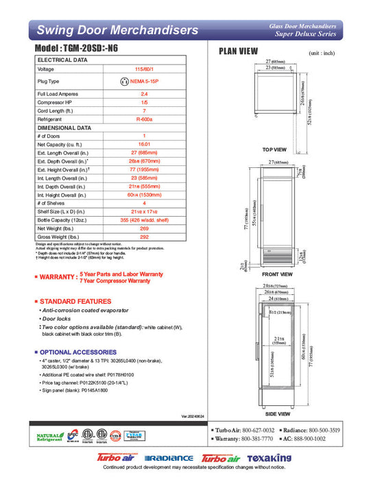 Turbo Air TGM-20SD-N6 27" White Super Deluxe Countertop Refrigerator w/ Glass Swing Door – LED Lighting, Front Access, 115v - Bakery Wholesalers