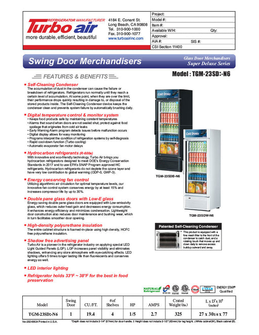 Turbo Air TGM-23SDB-N6 27" Black Super Deluxe Glass Door Refrigerator – LED Lighting, Front Access, Swing Door, 115v - Bakery Wholesalers