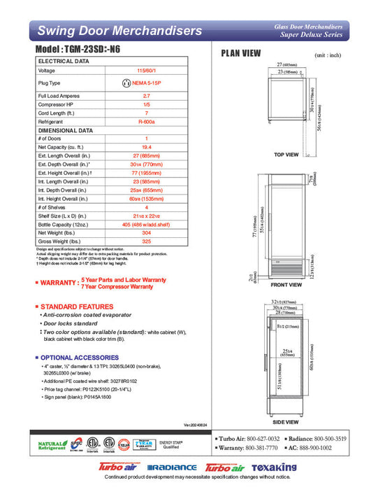Turbo Air TGM-23SD-N6 27" White Super Deluxe Glass Door Refrigerator – LED Lighting, Front Access, Swing Door, 115v - Donut-Equipment.com